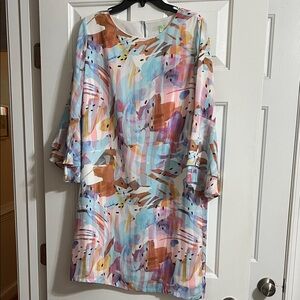 Jade Colorful Abstract Flutter Sleeve Short Dress Size Large